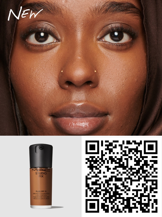 QR code and model's face for STUDIO FIX FLUID SPF 15.