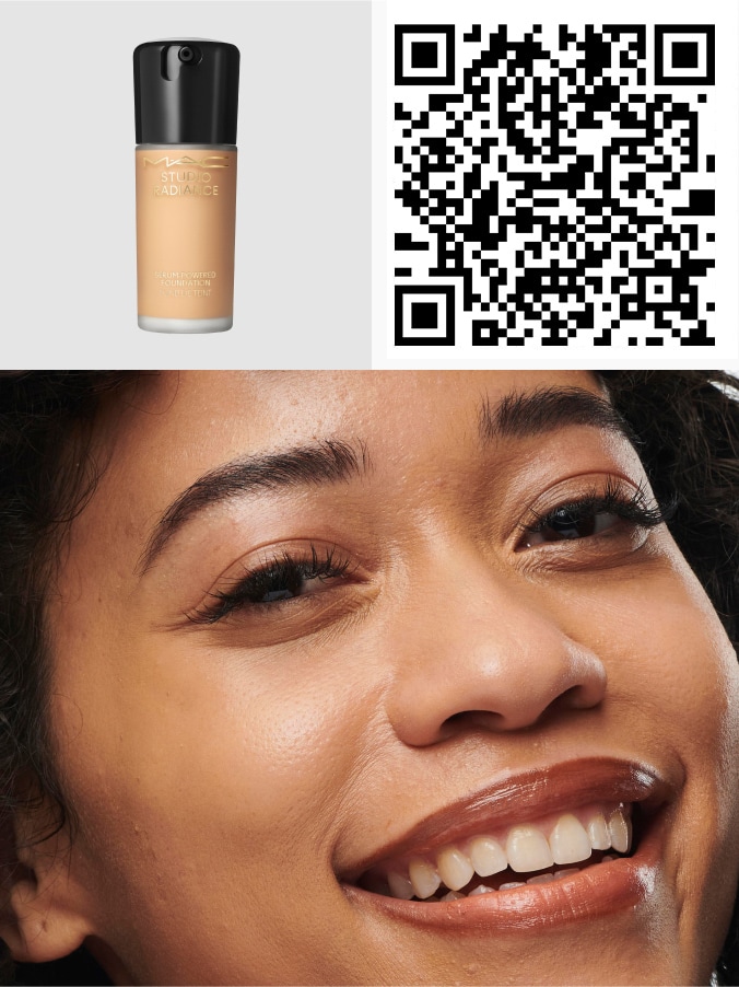 QR code and model's face for STUDIO RADIANCE SERUM-POWERED™ FOUNDATION.