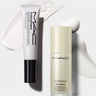 Product images of MAC STUDIO RADIANCE Moisturizer and Hyper Real Serumizer.